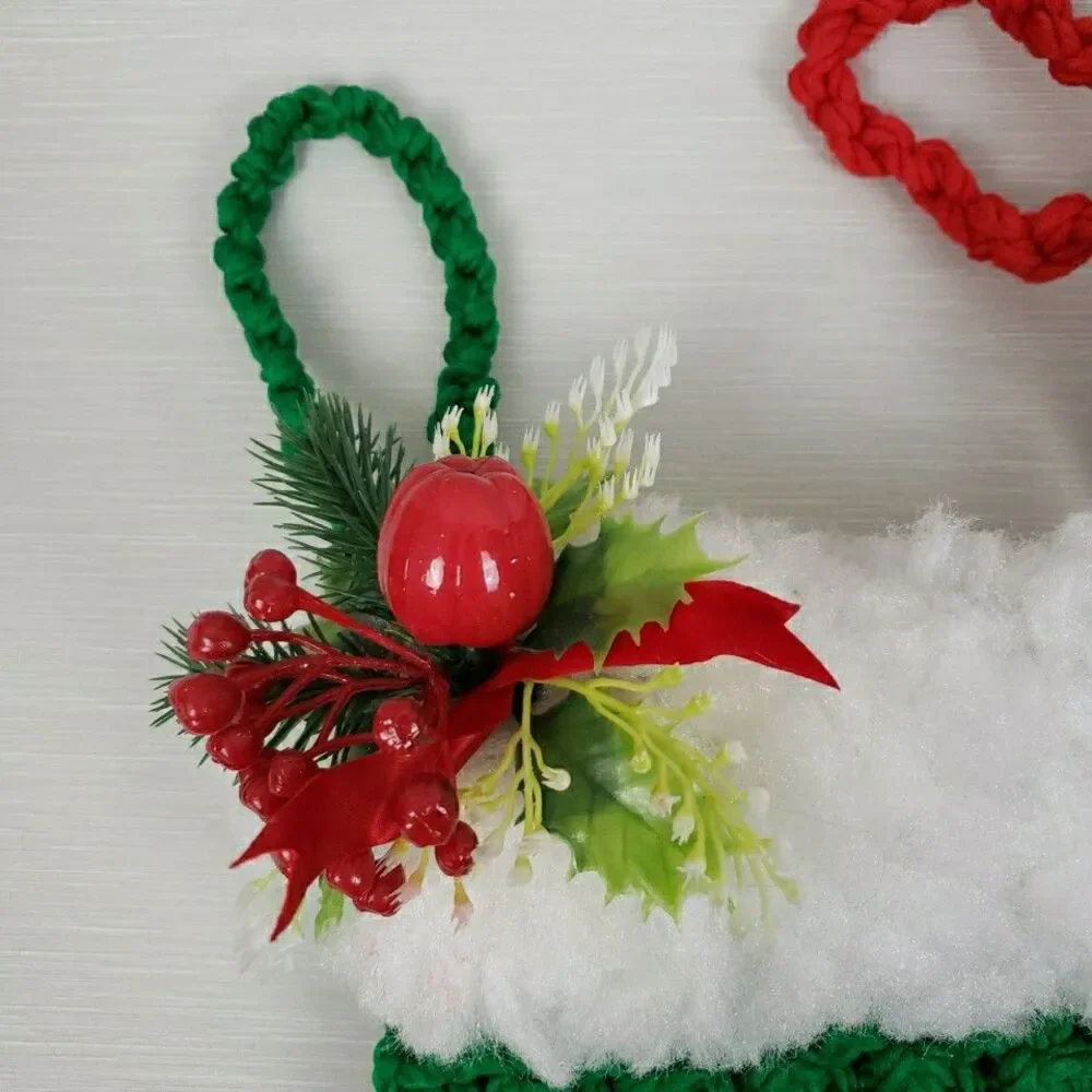 Macramé Christmas Stocking Red Green Handmade Holiday Plastic Pick MCM Vintage